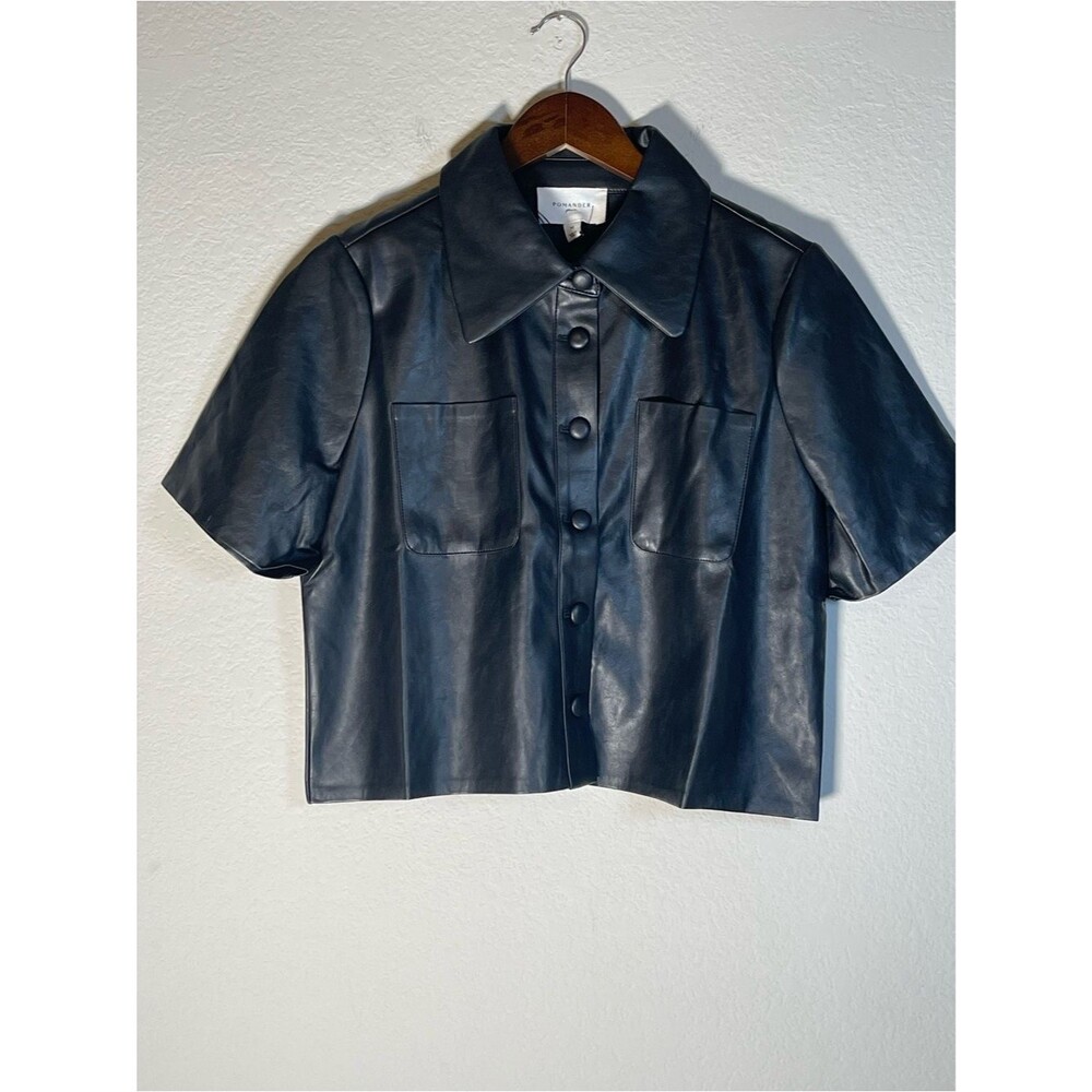 Pomander Place Black Faux Leather Audrina Short Sleeve Button Down Top NWT Med